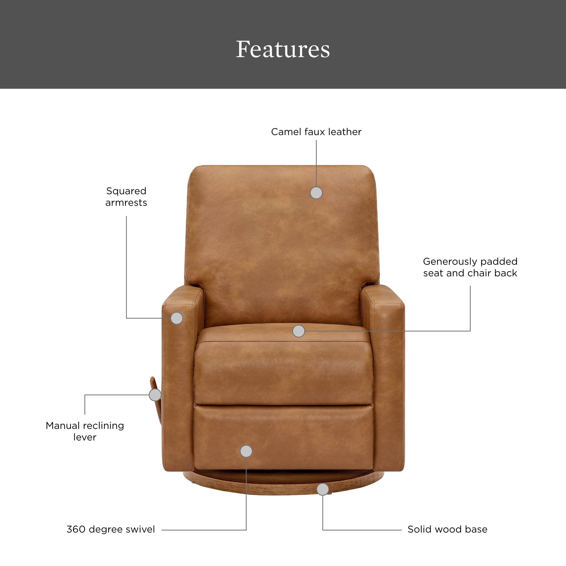Better Homes & Gardens Modern Farmhouse Swivel Glider Recliner, Camel Faux Leather