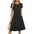 thumbnail image 2 of Sundresses for Women 2025 Plus Size Short Sleeve Crew Neck A-Line Flowy Pleated Waist Summer Midi Swing Beach Dresses Black L, 2 of 10