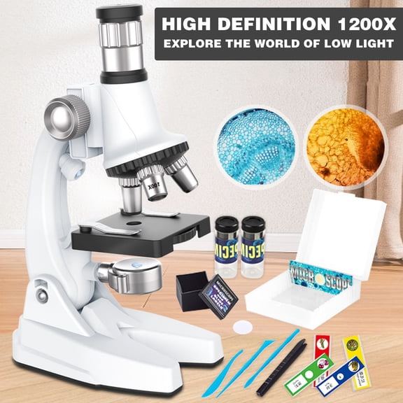 Kids Microscope Kit 1200X HD, STEM Biology Science Experiment Set, LED Illumination with 7 Filters, Prepared Slides & Tools, Educational Toy for Ages 8-12, Home School Lab Exploration