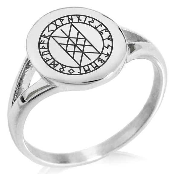 Stainless Steel Vegvisir Web of Wyrd Skuld’s Net Viking Minimalist Oval Top Polished Statement Signet Ring