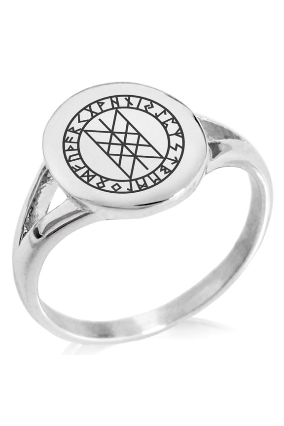 Stainless Steel Vegvisir Web of Wyrd Skuld’s Net Viking Minimalist Oval Top Polished Statement Signet Ring