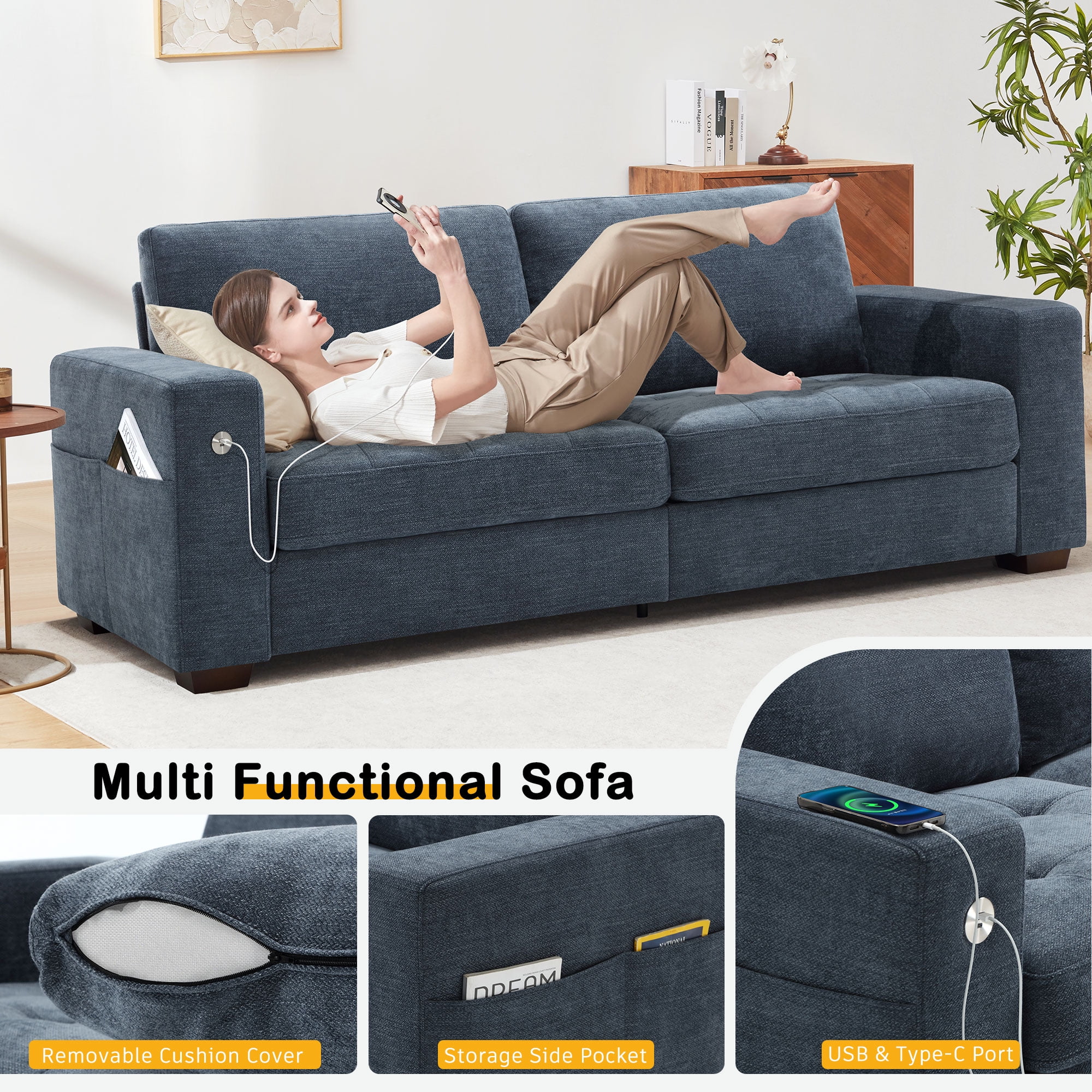 Bedluxury 89'' PU Leather Sofa for Living Room, Modern Deep Seat