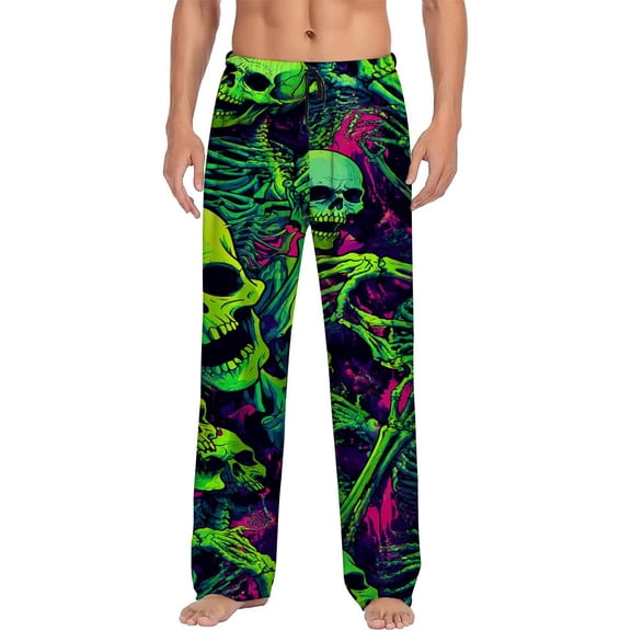 Men's pajama pants with a creepy neon skeleton and skull graphic print， soft home pajama pants， casual and comfortable loose fit pajama pants， elastic waistband