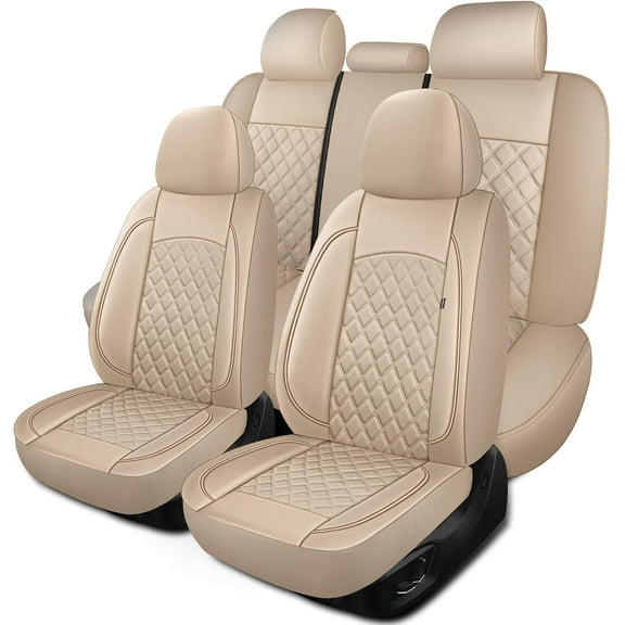 Car Seat Covers Full Set,Breathable and Waterproof Napa Leather Car Seat Cover,Interior Universal Fit for Cars,Sedans,SUVs,Vans,Trucks(Full Seat,Beige,N3)