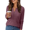 thumbnail image 2 of Holzkary Womens Henley Sweaters Lightweight Long Sleeve Shirts V Neck Tops with Button Fall Outfits 2025 Tunic Top New Solid Color Button Knit Fall Winter V Neck Long Sleeve Stripe Top Purple Xxl, 2 of 7