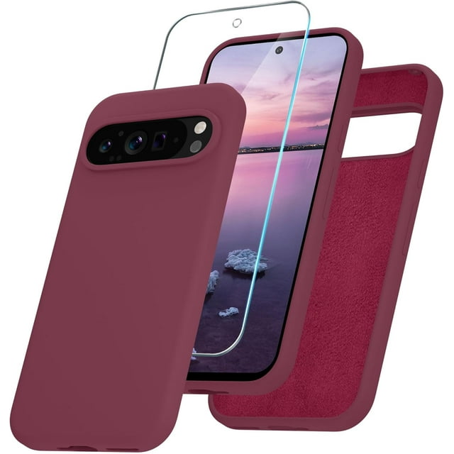 KOMI for Google Pixel 9 Pro XL Case, Silicone Phone Case with 1 Screen Protector, Soft Anti-Scratch Microfiber Lining, Full Body Shockproof Slim Cover Support Wireless Charging, Wine Red