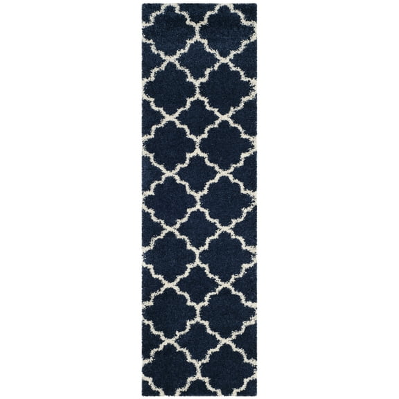 SAFAVIEH Hudson Jaye Plush Geometric Shag Runner Rug, Navy/Ivory, 2'3" x 16'