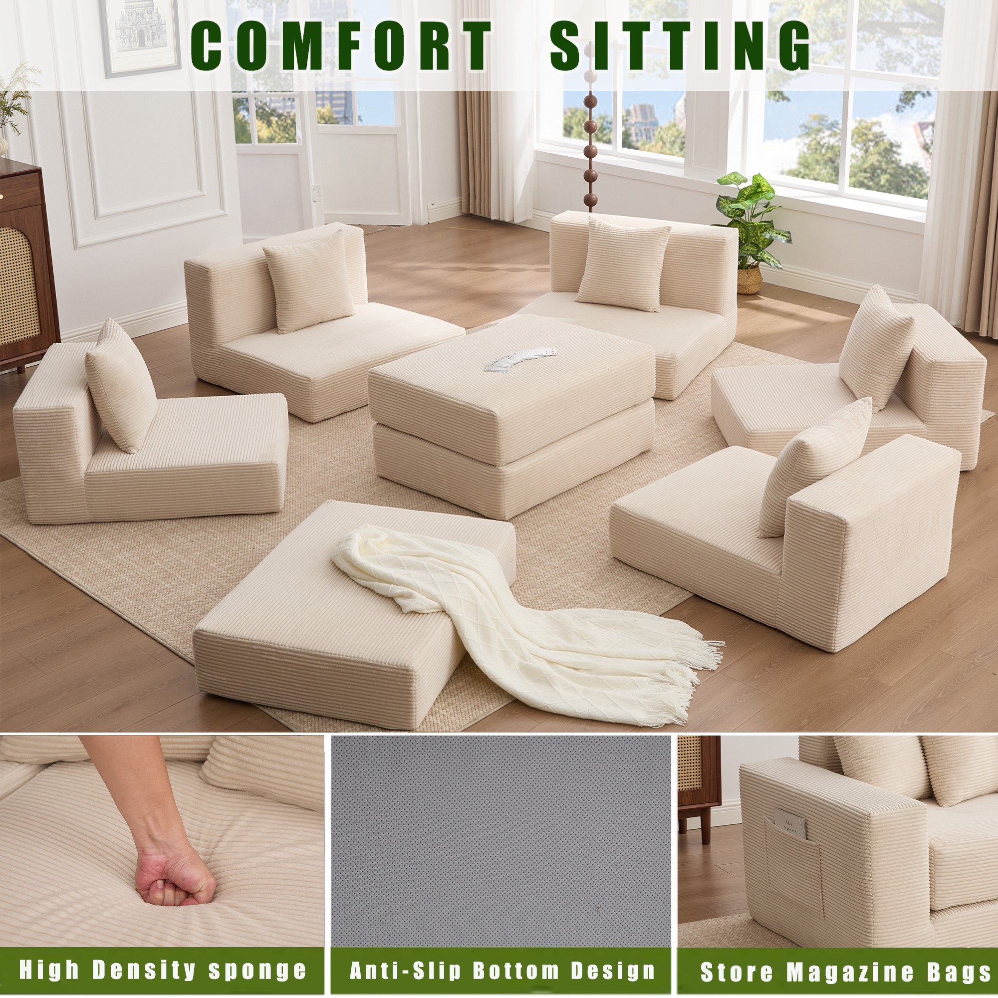 Leumius Convertible Sectional Sofa,Corner Couch,Convertible Floor Sleeper Sofa,10-in-1 Corduroy Modular Sofa,Free Combination Sofa,No Assembly,6 Pillows,Beige