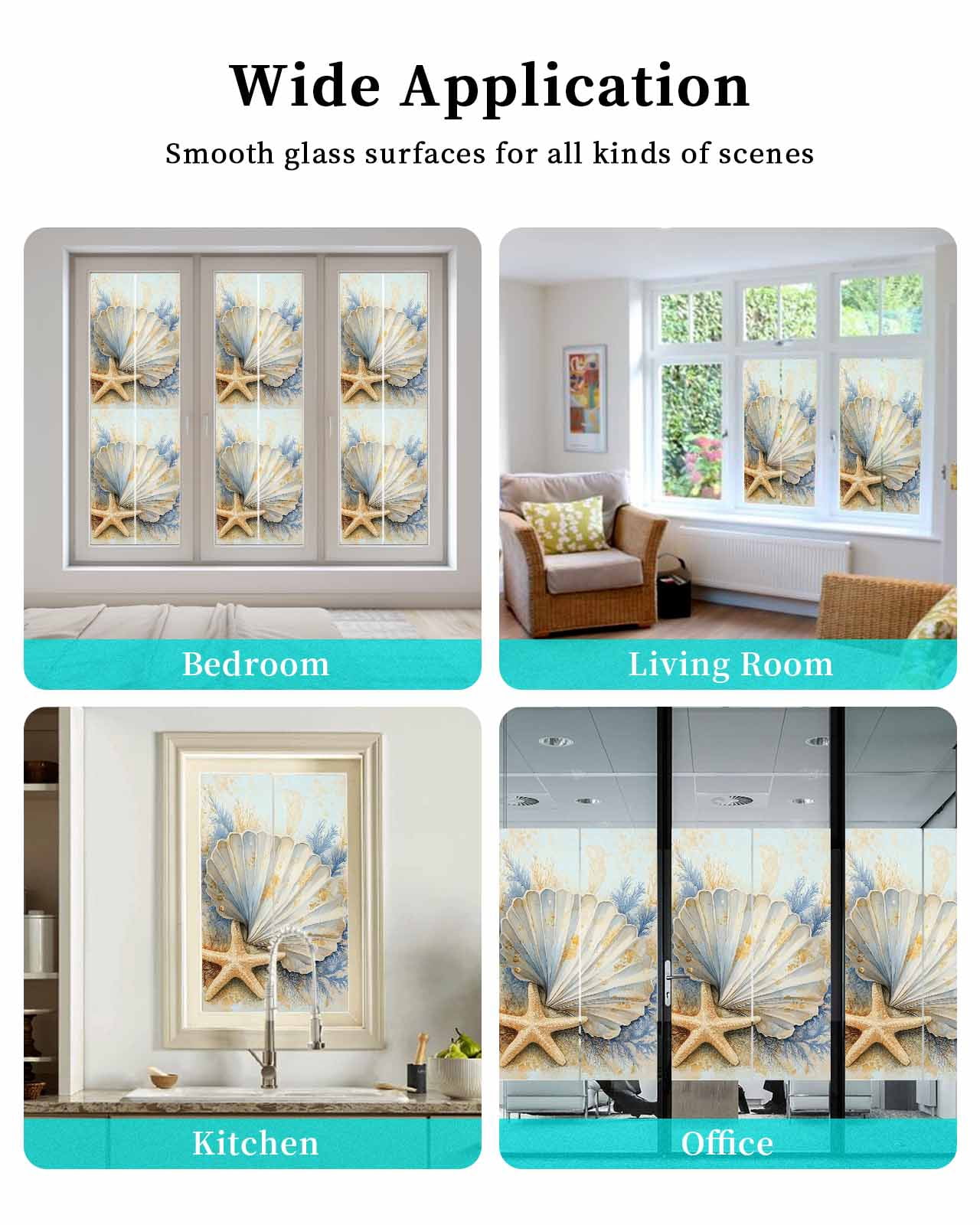 Window Privacy Film Coastal Shell Stained Glass Window Film Decorative Sun Block Window Cover Starfish Summer Beach Nautical Ocean Window Clings Static Adhesive Sticker for Bathroom 29.5"x78.7"