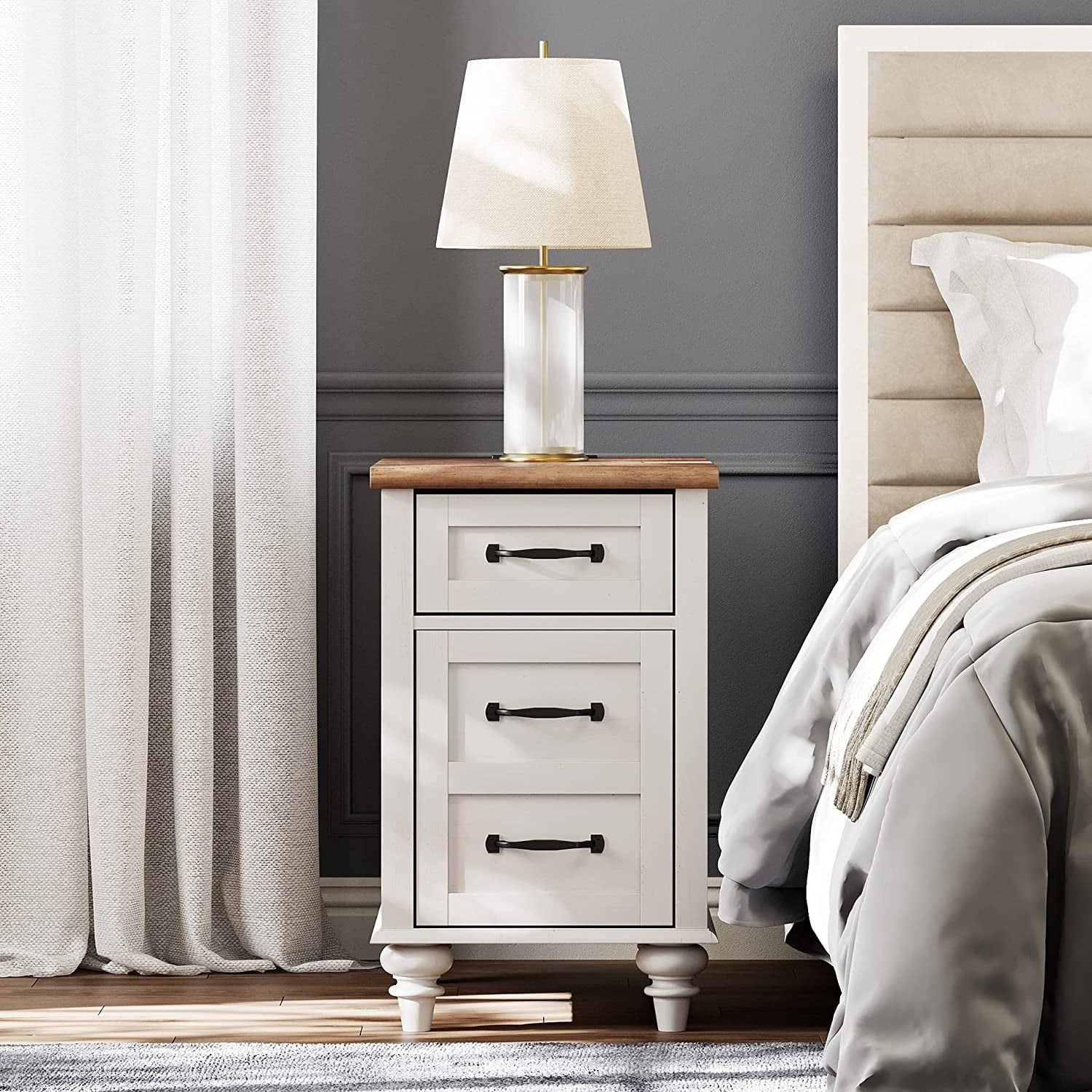 End Table with Charging Station&USB Port, Side Table with Storage Drawers for Living Room, Bedroom, White