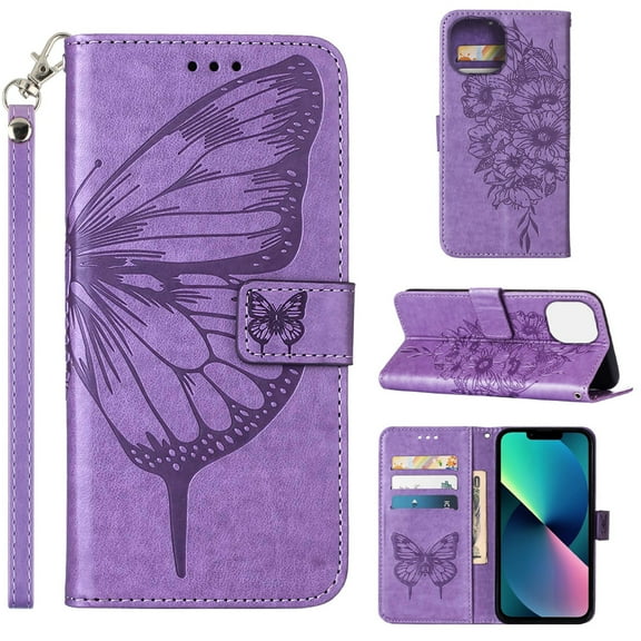 SaniMore Case for iPhone 14 Plus (6.7" 2022), PU Leather Skin with Luxury Embossed Butterfly [Wrist Strap & Card Slots & Flip Kickstand] ull-body Shockproof Wallet Cover For iPhone 14 Plus, ightpurple