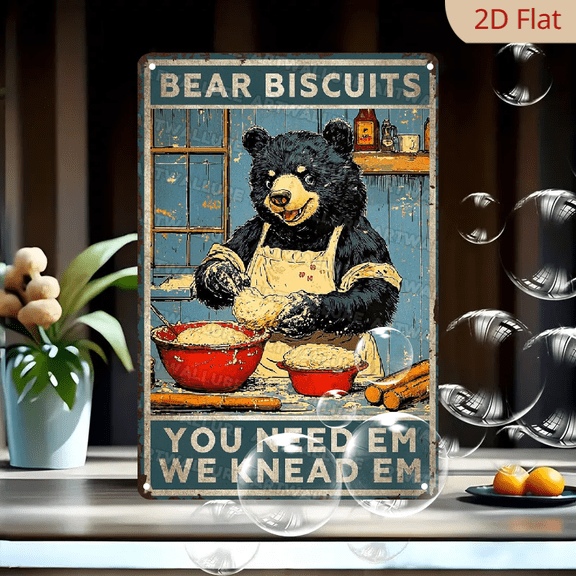 Retro Funny Bear Metal Tin Sign Vintage Kitchen Bear Wall Decor Rustic Art Plaque Home Coffee Shop Baking 8x12Inch