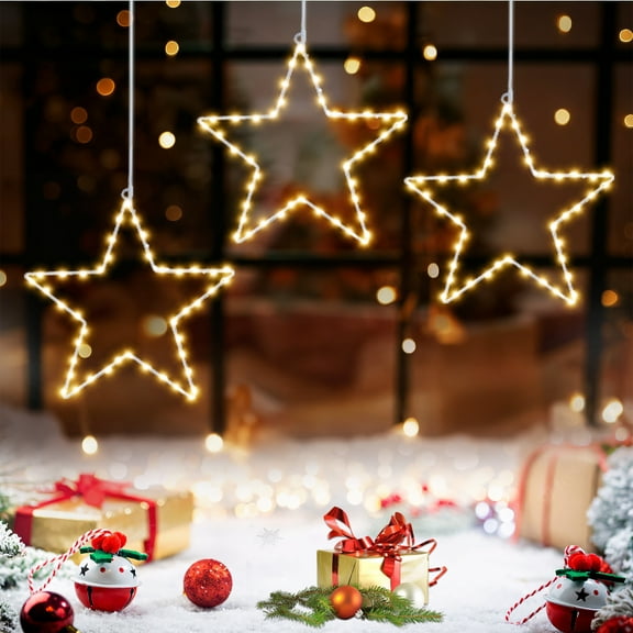 3 Pack Battery Operated Hanging Christmas Lights,60 LED Star Silhouette Window Lights,12 Inch Large Sparkling Starburst Fairy,8 Modes,Timer,Lighted Up Xmas Ceiling Art Decorations,Warm