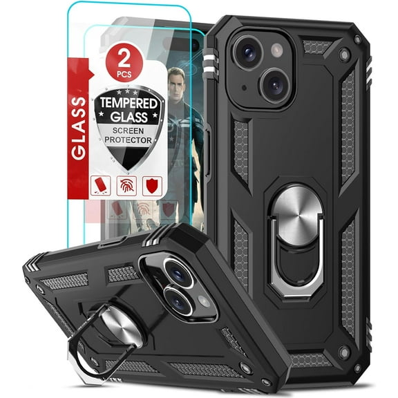 3in1 Case Bundle for Apple iPhone 15 Plus Heavy Duty Case with Built-in Kickstand, Dual Layer Protection with 2 Clear Screen Protectors, Sturdy Case for Apple iPhone 15 Plus, Black