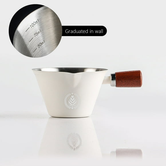 Taza medidora de café de acero inoxidable con mango de madera - vaso de espresso marcado como onza para una extracción precisa