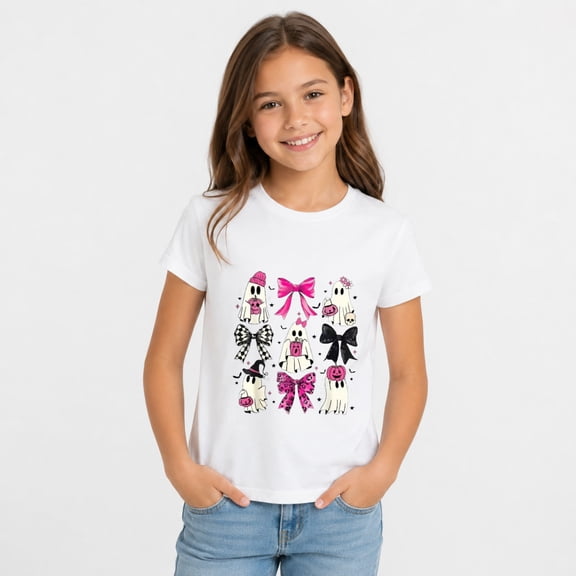 Girls Halloween Shirt, Bow Ghost Pattern Graphic Short Sleeve Casual T-Shirt