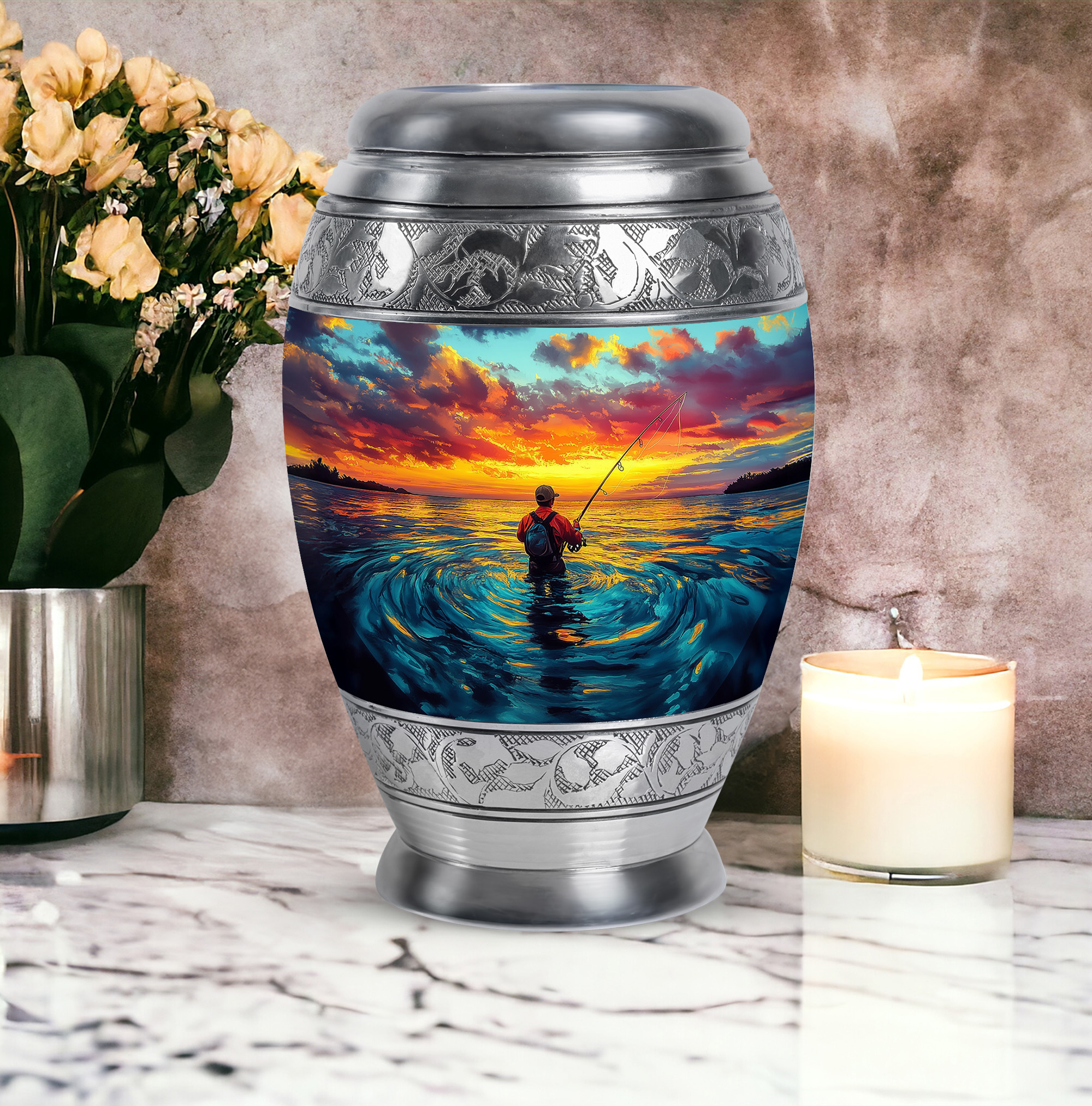 SABURIAL Fishing Urn - Decorative Cremation Urns - Keepsake Urns For Human Ashes Adult Male - Large Burial Urn For Ashes For Women & Men - Combo Of 10 Inch & 3 Inch