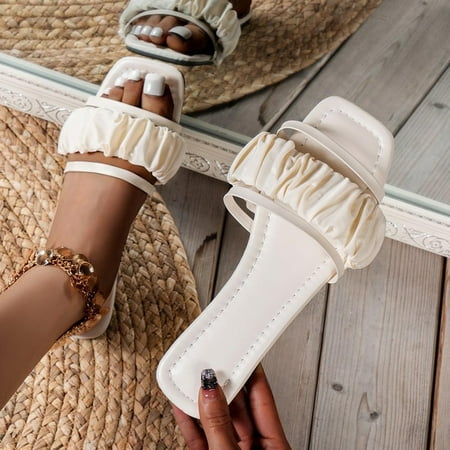 

Fanxing Sandals for Women Summer Casual Slides Wide Width Ruched Strappy Sandal Slip On Walking Shoes Slippers