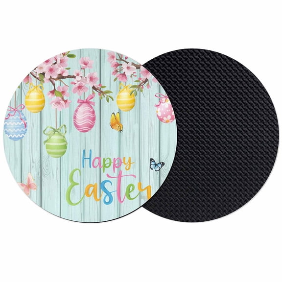 Happy Easter Coasters Set of 2, Absorbent Coasters for Drinks, Spring Colorful Eggs Butterfly Teal Wood Grain Coaster for Desk Coffee Table Protection, Home Decor House Warming Gifts 4"