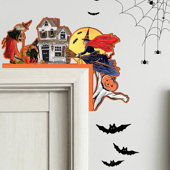 HaiSphere Vintage Halloween Wooden Door Corner Decoration, Retro Witch Haunted House Pumpkin Black Cat Print Door Frame Ornament for Indoor Home Halloween Party Spooky Holiday Decor,A