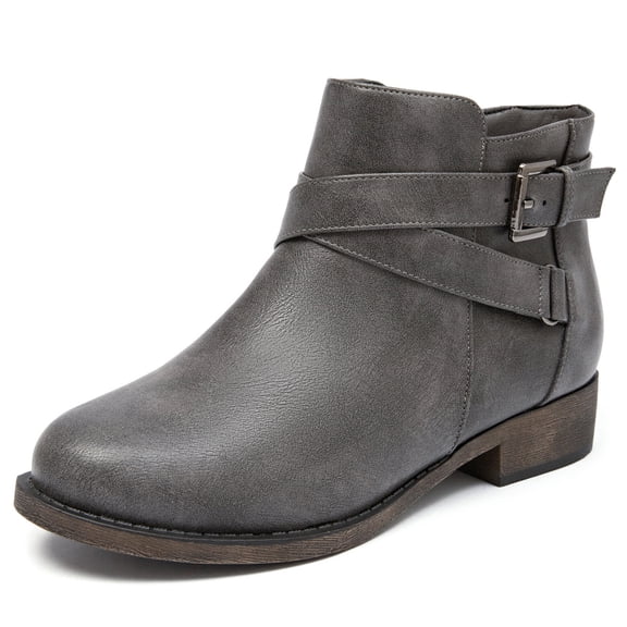 Women's Ankle Boots - Classic Side Zip, Cover with Buckle Strap, Comfortable Platform, Round Toe, Low Chunky Heel Comfort Slip On Fashion Grey Boots.