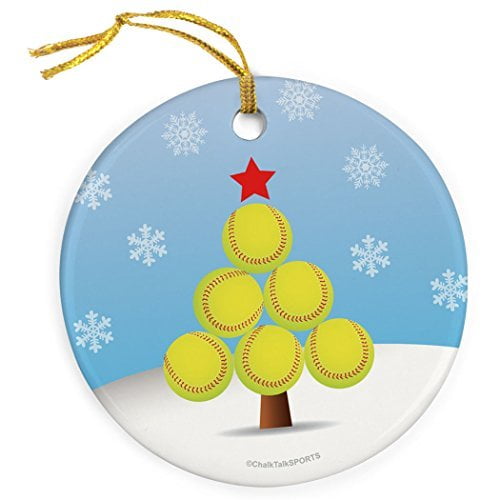 ChalkTalkSPORTS Softball Round Ceramic Ornament | Christmas Tree