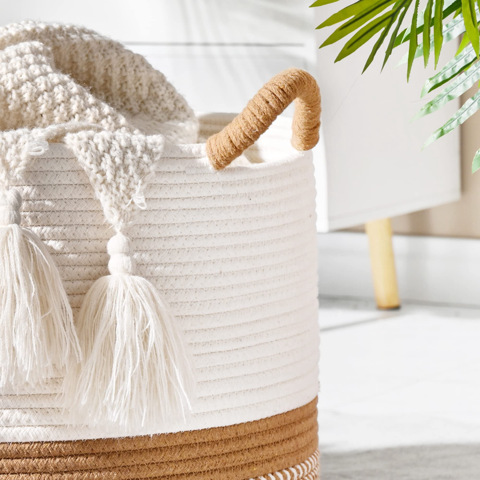 Large Blanket Basket（21“x13”）,Storage Basket for Organizing, Dog Toy Bin,baby laundry basket,Cotton Rope Blanket Basket for Living Room, Laundry, Nursery, Pillows (White and Brown)