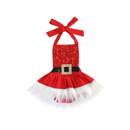 

24M Lovely Baby Girls Christmas Romper Dress Sleeveless Lace Up Sequined Patchwork Fur Jumpsuits