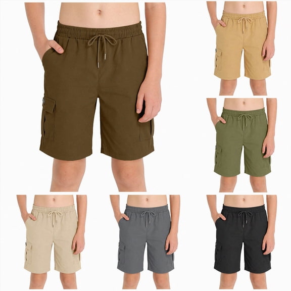Xudanell Cargo Shorts for Boys Knee Length Wide Leg Bermuda Shorts Lightweight Solid Elastic Waist Long Short Pant with Pocket (Black, 12-13 Years)