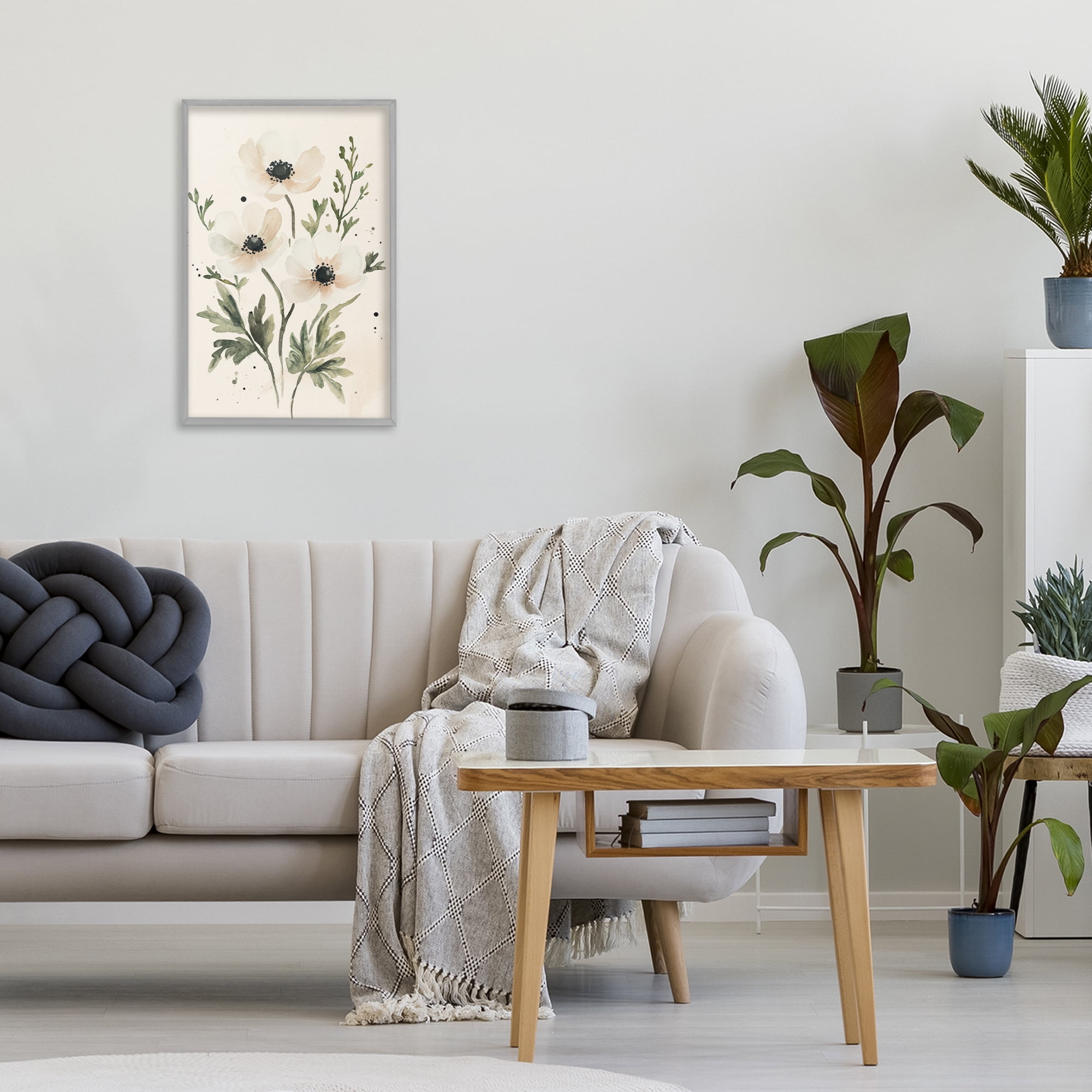 Stupell Industries Soft White Anemone Floral Gray Framed Giclee Art, design by Petal Prints Design
