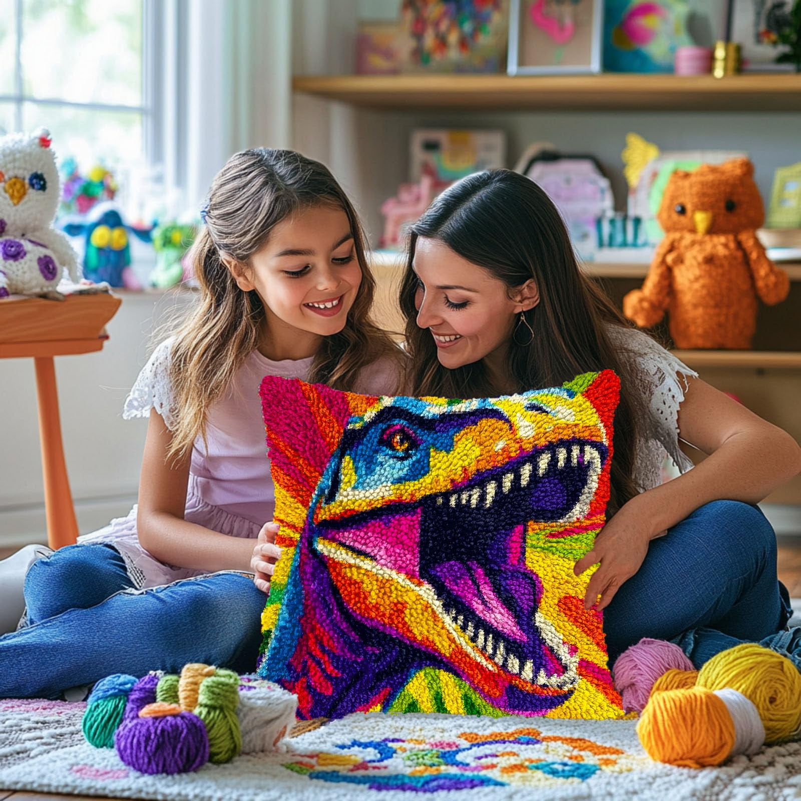 Roaring Dinosaur DIY Latch Hook Pillow Kits for Adults Printed Pillowcase Crochet Yarns Hooking Handmade Pillow Cover Cushion for Home Sofa Decoration 17x17inch