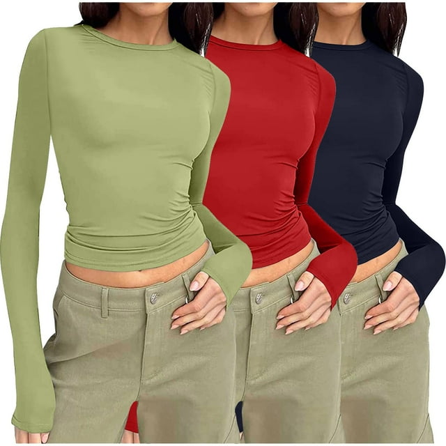Pisexur 3 Pcs Hauts d'Automne pour Femmes Hauts à Manches Longues pour Femme Mode T-Shirts Courts à Col Rond Décontractés Ajustés Blouses Unies Chandails à Enfiler Hauts Basiques T-Shirts d'Automne