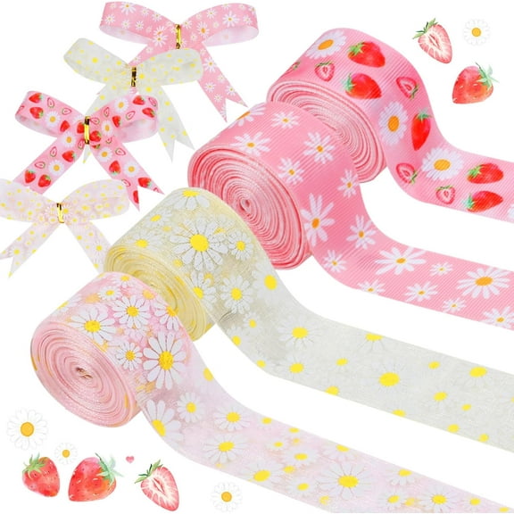 Cheerupp 4 Rolls Daisy Strawberry Themed Ribbons, 20 Yards Craft Ribbons for Wreath Hair Bow Wrapping Gifts Packing, Pink Grosgrain Ribbons Birthday Wedding Gender Reveal Party Accessory Decorations