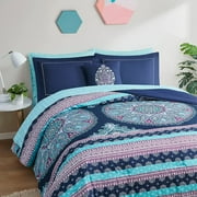 SHMAMT Twin Complete Comforter Sets, Boho Mandala Bed in A Bag, Microfiber Bedding Set with Side Pockets, Matching Decorative Pillow, 6 Piece Coral
