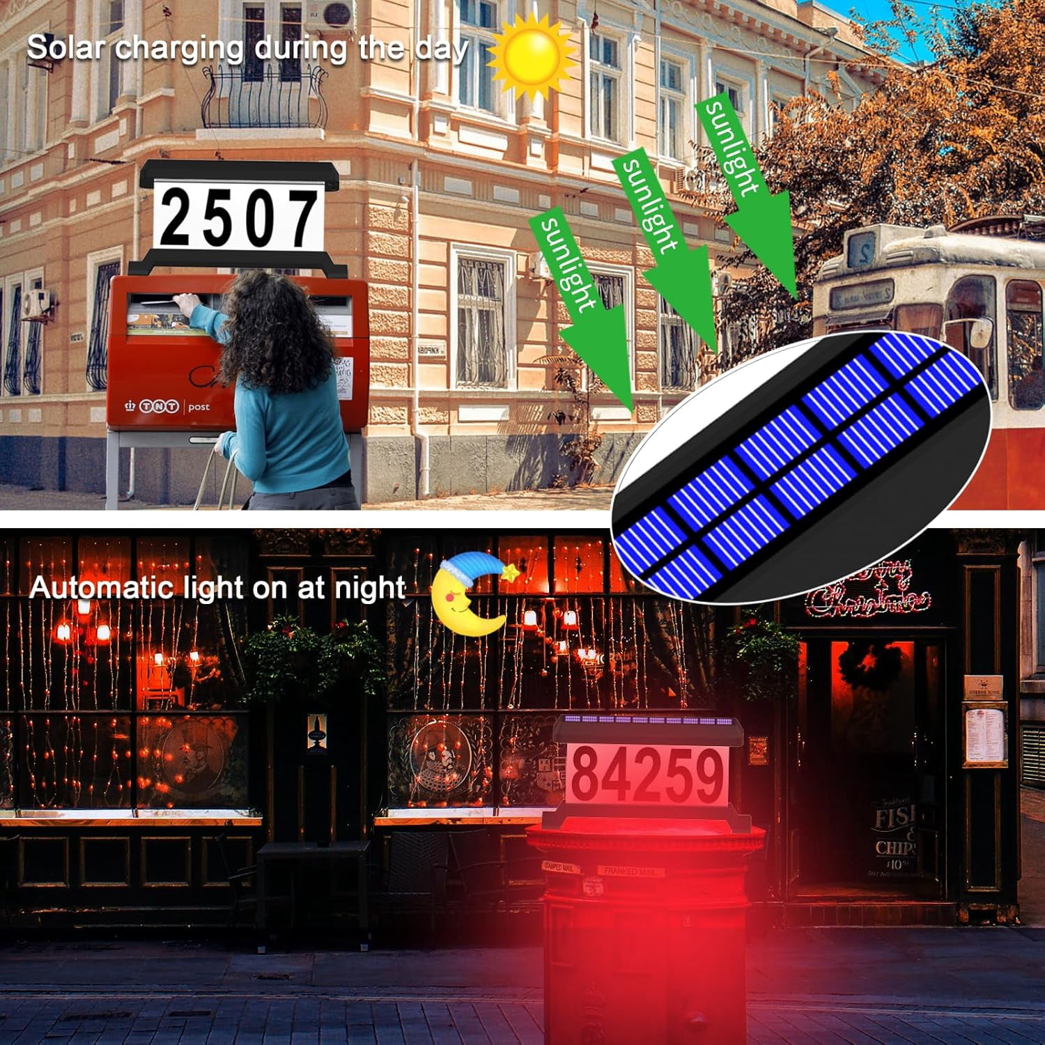 Solar Mailbox Numbers, Double sided Solar House Numbers for Outside, Waterproof RGBW Color Changing Remote Control, Lighted Modern Address Sign Solar Powered for Mailbox(solar rgbw)
