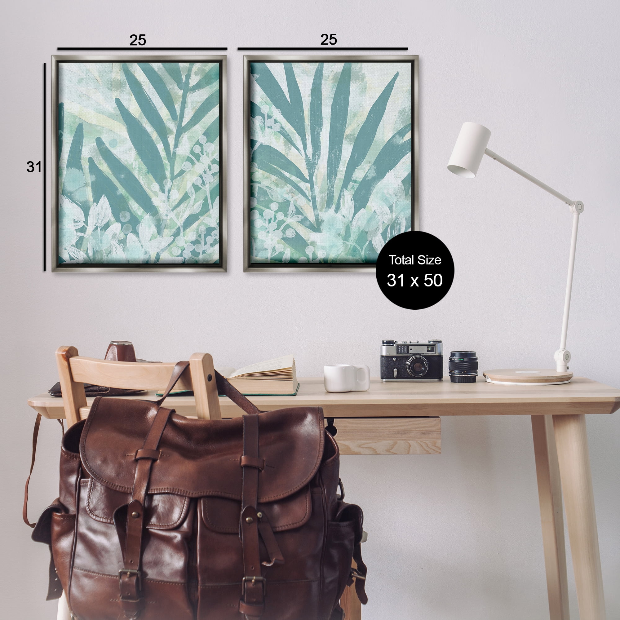 Stupell Industries Teal Palm Fronds Plants & Flowers Painting Gray Floater Framed Canvas Art Print Wall Art, 31 x 25, Set of 2