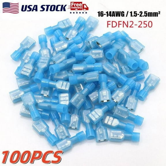 100PCS Female Insulated Wire Spade Terminals Crimp Connectors 16-14AWG Blue