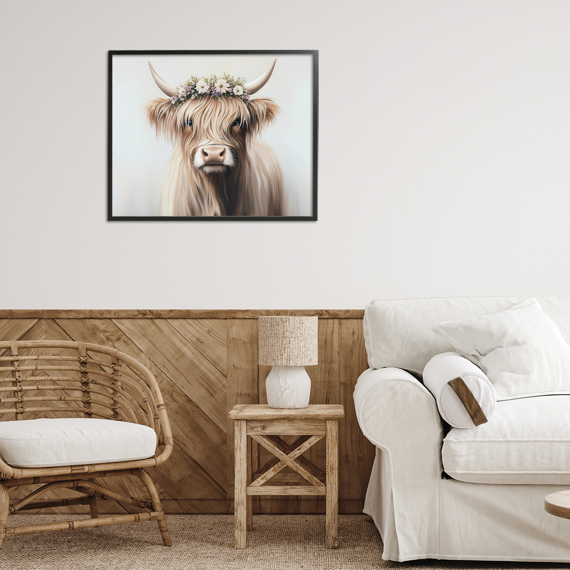 Shaggy Cattle Floral Crown Black Framed Giclee Art, design by Shawna Stewart