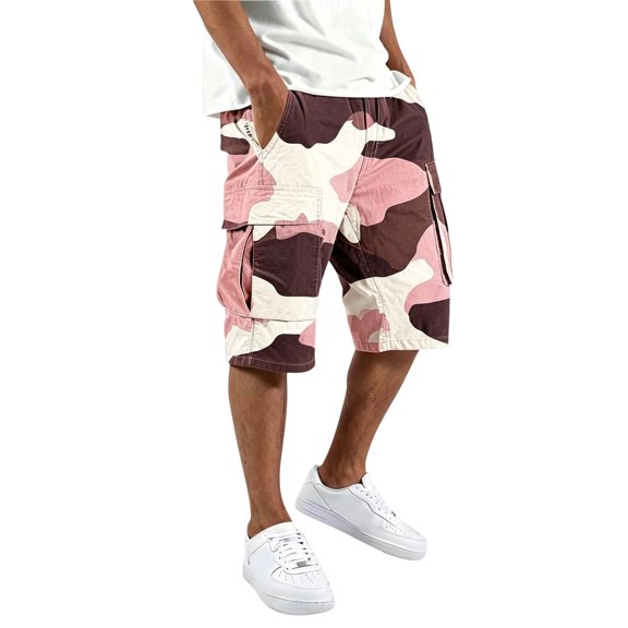 Dwellite Big and Tall Pants for Men Casual Camo Outdoor Hiking Cargo Capris Athletic Joggers Sweatpants with Pocket 2026 Pink L