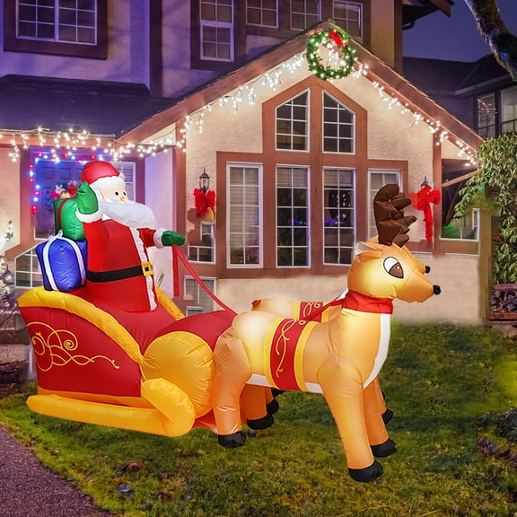 7.55 FT Inflatable Christmas Santa Claus on Sleigh Double Reindeer pulling the Sleigh Blow Up Yard Decorations with Built-in LEDs for Garden Lawn Indoor Outdoor Party