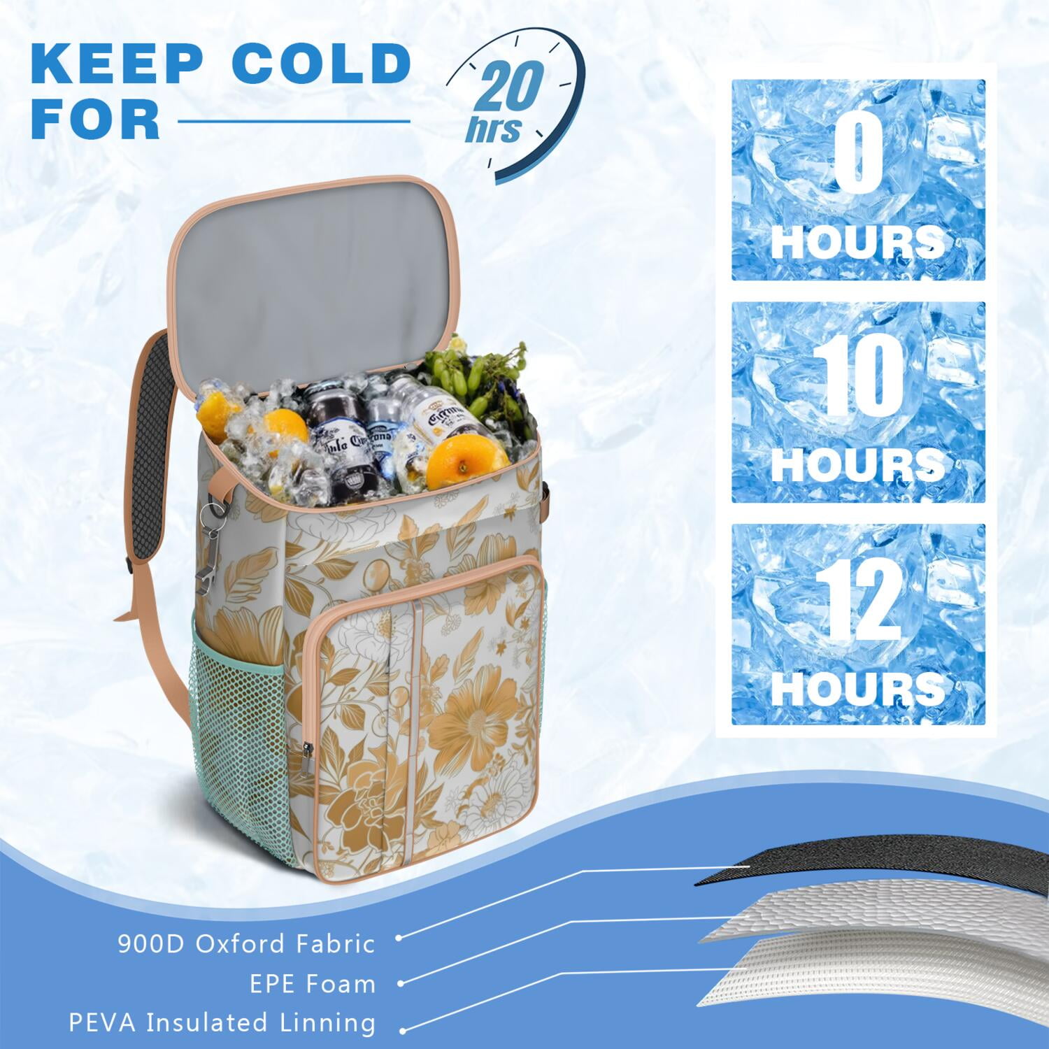 Travel Cooler Bag - Pioneer Flower Floral Print Pattern Camping Beer Cooler Backpack with Bottle Opener- Waterproof Insulated Picnic Backpacks - Cooler Bag for Beach