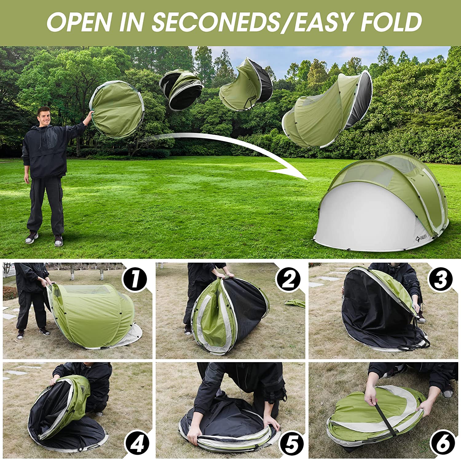 Carpa VILLEY para 2 personas de apertura rápida, impermeable, armado automático, ligera e instantánea para acampar, con bolsa de transporte para campamento, senderismo y viajes 6