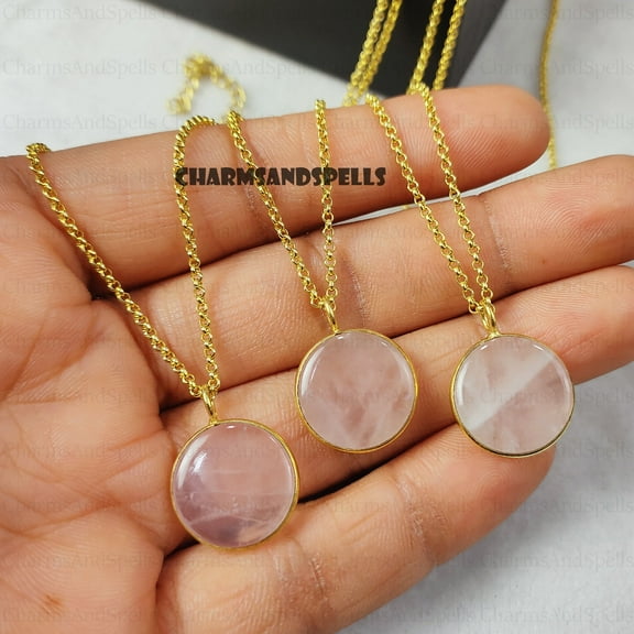 Natural Rose Quartz Round Necklace | Geometric Gemstone Jewelry | 14K Gold Plated Crystal Necklace | Healing Crystal|Valentine Day Gifts