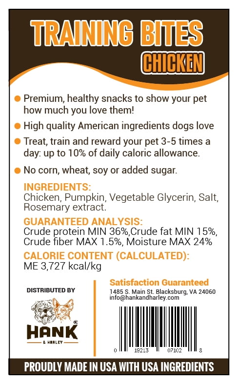 Chicken Training Bites dog treats - USA lean protein with pumpkin. NO flour, fillers or added sugar.