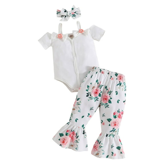 Coduop 3Pcs Baby Girl Clothes,Cold Shoulder Romper + Floral Long Pants+ Headband 3Pcs Outfit Set
