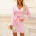 thumbnail image 3 of Oplxuo Long Sleeve Sweater Dresses for Women Fall Winter V Neck Wrap Pullover Casual Cable Knitted Belted Waist Lounge Dress, 3 of 7