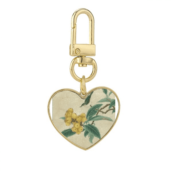 Loquat Embroidered Feather Figure Chinese Painting Gold Heart Keychain Metal Keyring Holder