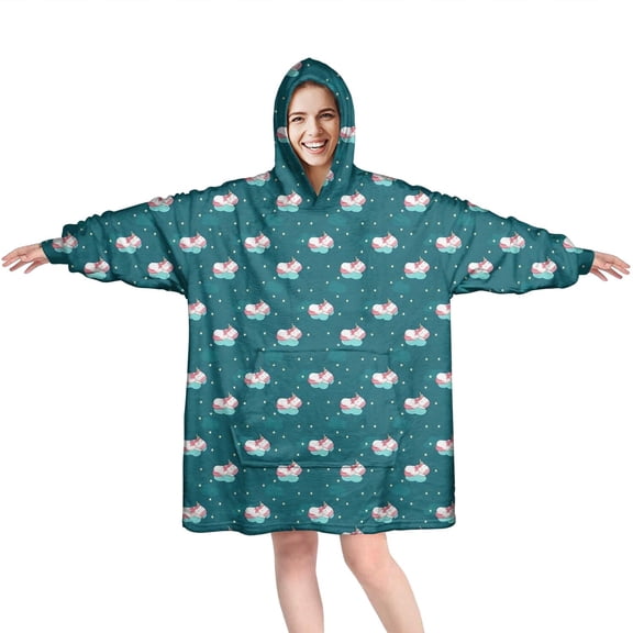 Wearable Oversized Blanket,Dark Green Cartoon Unicorn Pattern Wearable Blanket Hoodie for Adults,Cozy Hooded Blankets with Super Pockets,Super Warm Fuzzy Pullover for Women & Men