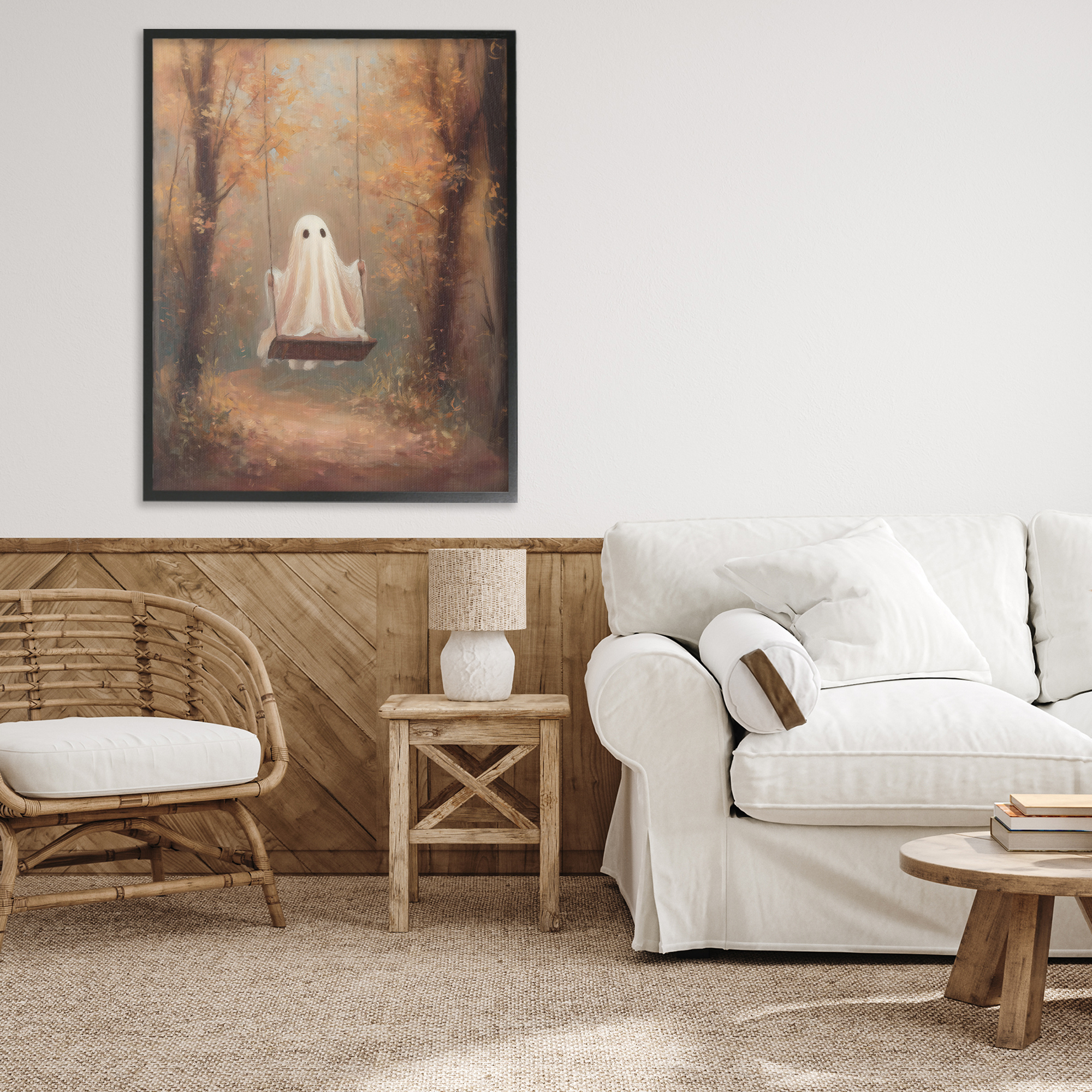 Eerie Swinging Ghost Black Framed Giclee Art, design by Arlington Prints