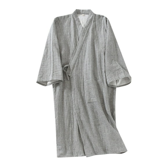 PMVFHDE Men's Japanese Kimono Robe Cotton Lightweight Bathrobe Nine Point Sleeve Tie Belt Sleeping Robe Mens Loungewear Sets Grey，XL